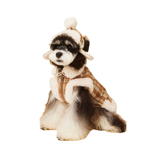 Dog Clothes Coat, Autumn and Winter Padded and Thickened Sleeveless Plaid Waistcoat and hat, Suitable for chenari, Teddy, Bichon, Small and Medium-Sized Dogs