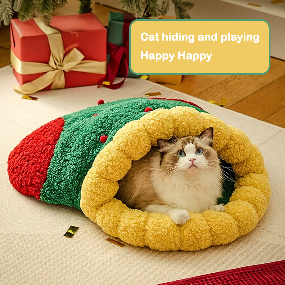 Christmas sock shaped cat nest, cat bed, winter warm semi-enclosed cat sleeping bag, or Christmas small dog kennel