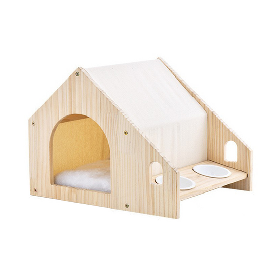 Wooden House for Cats and Dogs, Eating and Living Nest, Small Pet Kennel with Pet Bowl, 22L x 17W x 16H inches